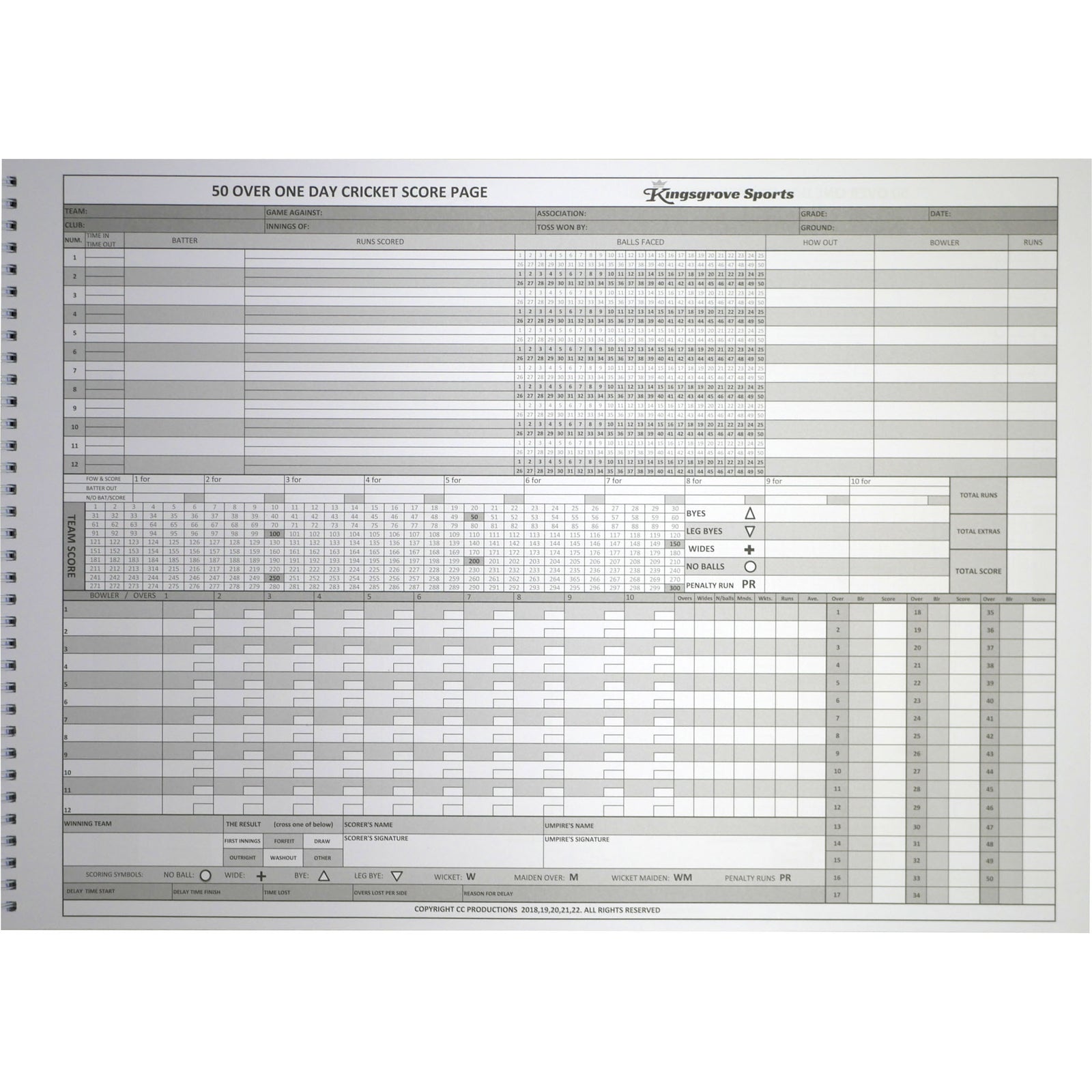 Kingsgrove Sports Cricket Scorebook 50 Overs