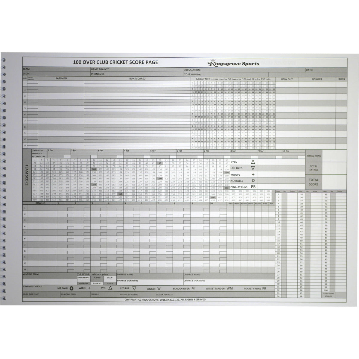 Kingsgrove Sports Cricket Scorebook 100 Overs