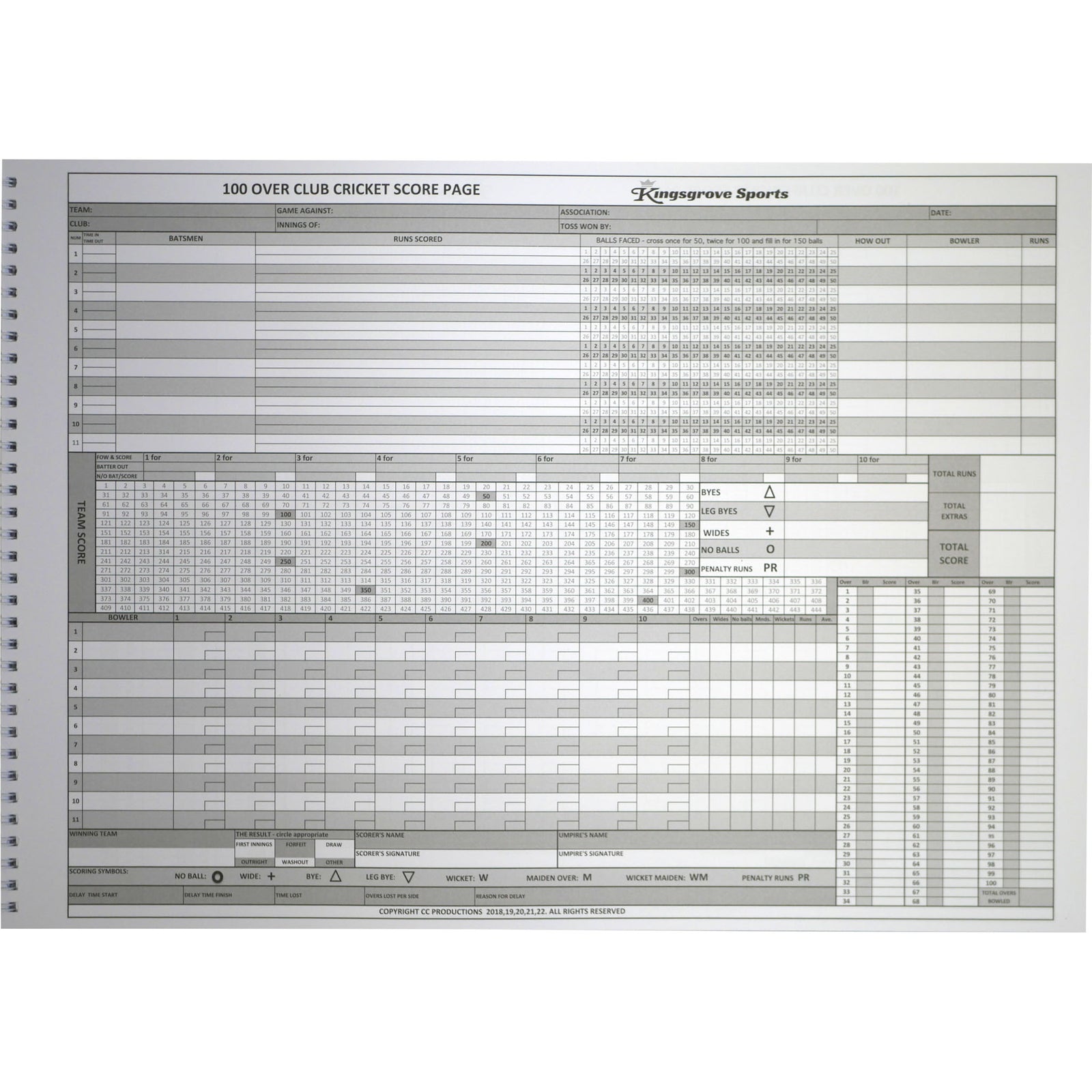 Kingsgrove Sports Cricket Scorebook 100 Overs